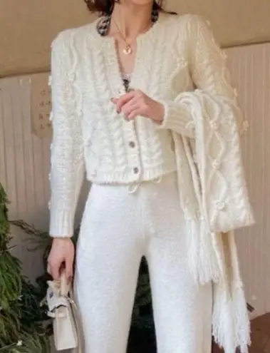 Japanese Kawaii Cottage Cream Beige Floral Knit Thick Cardigan Sweater Jacket Tan Size XS