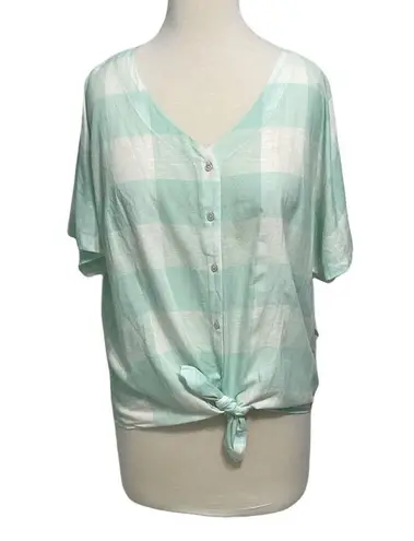Style & Co. Gingham Tie Front Short Sleeve Button Up Linen Top Mint White Medium Green
