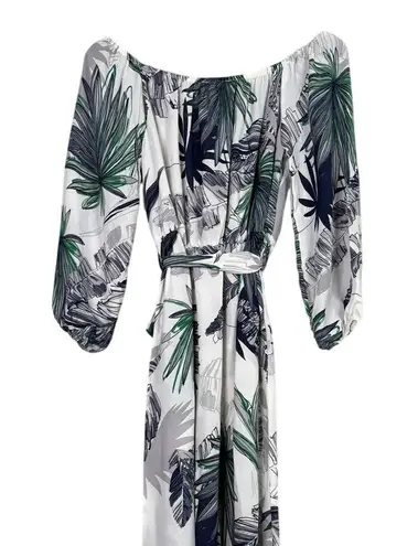 Sans Souci NEW Boho Tropical Palm Print Off Shoulder Maxi Dress 3/4 Sleeve TieWaist L White