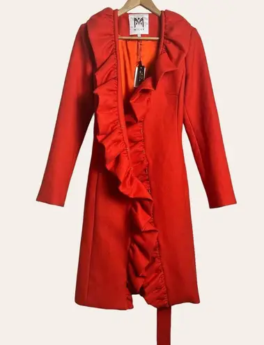 Milly Flame Red Ruffle Front Belted Knee-Length Coat Size 4 NWT