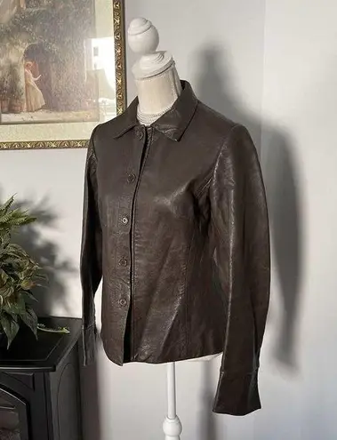 BCBGMAXAZRIA BCBG MAX AZARIA Leather Jacket Womens Size 8 Brown Long Sleeve Buttons Front