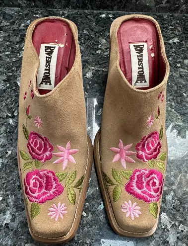 Vintage Riverstone Rosebuds Women’s Brown Leather Suede Western Clogs Y2K Size 9 Tan