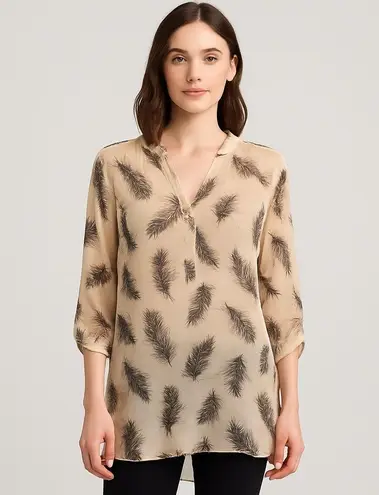 Criss Cross Feather Print Sheer Blouse Women's Medium Lightweight Bow Neck Black