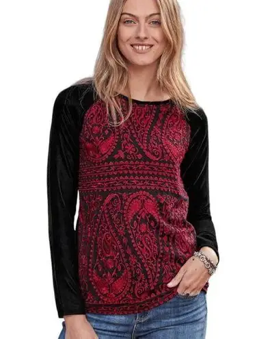 Sundance Enchantress Black Velvet Red Embroidered Lace Overlay Top Size M