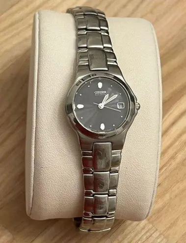 Citizen Eco-Drive Ladies Watch Black Dial WR100 Date Window Stainless Bracelet