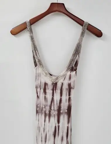 Design History Tank Maxi Dress Womens L Brown Tie Dye Beaded Sequin V Neck Soft
