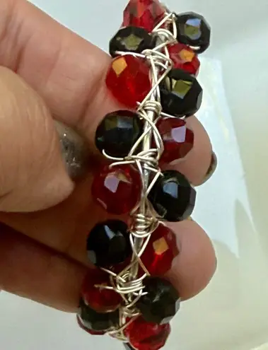 Black & Red Faceted Beaded Open Bangle Cuff