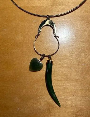 Vintage Gold Tone Choker Green Jade Horn & Heart Pendant Necklace