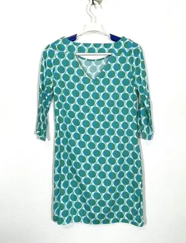 Escapada Living Turquoise Mod Groovy Geo Dress 3/4 Sleeves Back Cutout Size XS