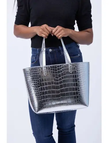 Mansur Gavriel Large Metallic Croc Tote Silver Womens Size OS