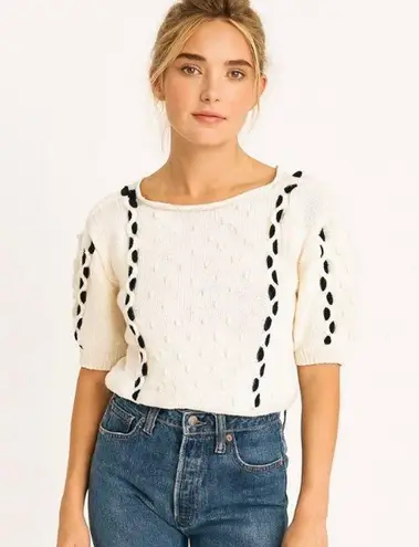 Vintage Hand Knit French Girl Preppy Coastal Short Sleeve Sweater With Pom Poms White