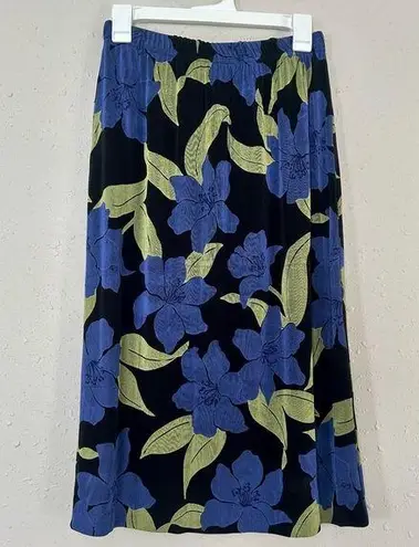 🦋 N Touch Vintage Black Green Blue Floral Tropical Midi Skirt 90s Medium