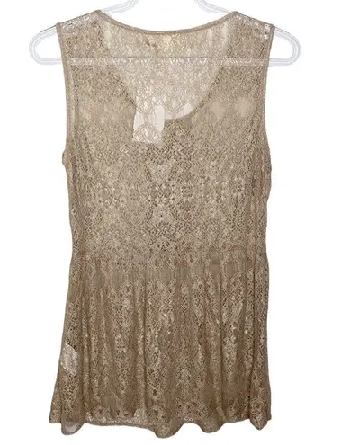 A’reve tan shiny lace peplum sleeveless top with bejeweled front embroidery sz M Size M