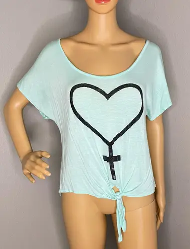 Miss Popular Aqua and Black Tie Front Blouse With Heart Size Large