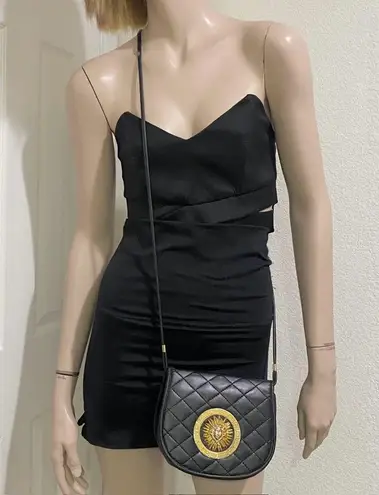 Vintage Unbranded Black Quilted Leather Medusa Sunburst Medallion Crossbody Bag