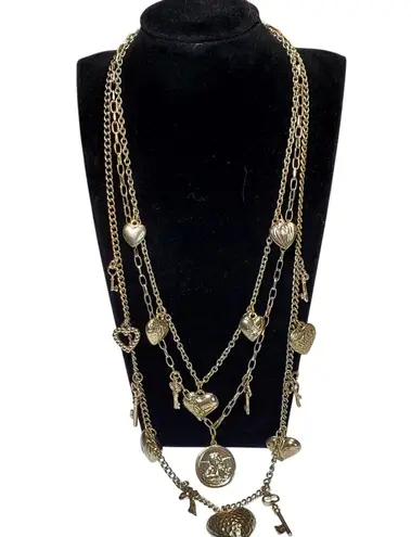 Triple Chain Love Charm Necklace Gold Tone Heart Key Valentines Day 16"