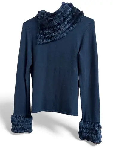 Yuka Vintage Faux Fur Trim Funnel Neck Knit Top Small Black