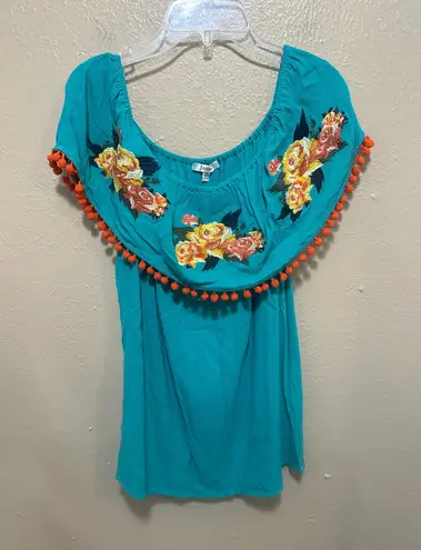 JODIFL Turquoise Embroidered Floral Off Shoulder Pom Pom Top Medium