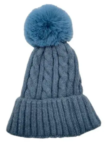 ILLUMA Women’s Blue Cuffed Cable Stitch Faux Fur Pom Pom Beanie Hat NWT