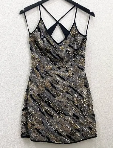 Topshop  10E02PBLK Black/Gold Sequin Beaded Mini Party Evening Dress Size 4