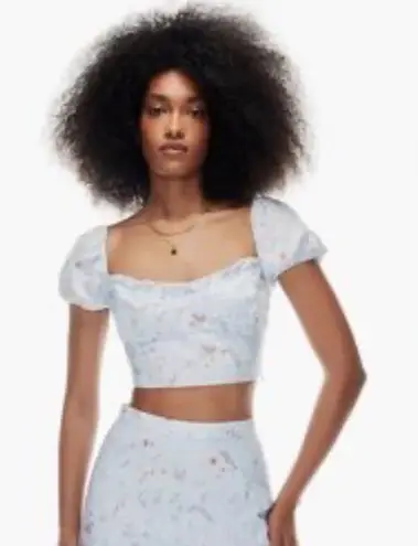 Wilfred Aritzia Linen Floral Puff Sleeve Crop Top Blue Pink XL