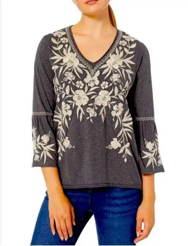Johnny Was Boho Gray Embroidered Bell Sleeve 3/4 Sleeves small