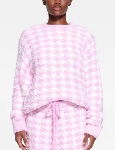 SKIMS L/XL Cozy Knit Pullover Petal Pink Houndstooth Oversized Lounge Sweater