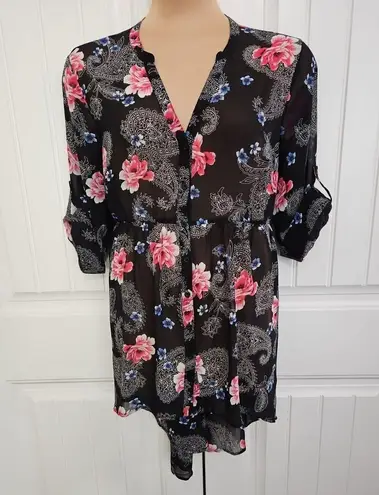 Torrid Top Hi Lo Button Front Roll Tab Sleeve Paisley And Floral Size 2 us 18