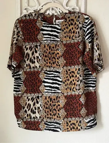 1669 90s Vintage Yves St. Clair Animal Print Short Sleeve Size 10 Medium Black