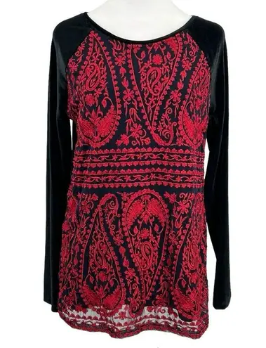 Sundance Enchantress Black Velvet Red Embroidered Lace Overlay Top Size M