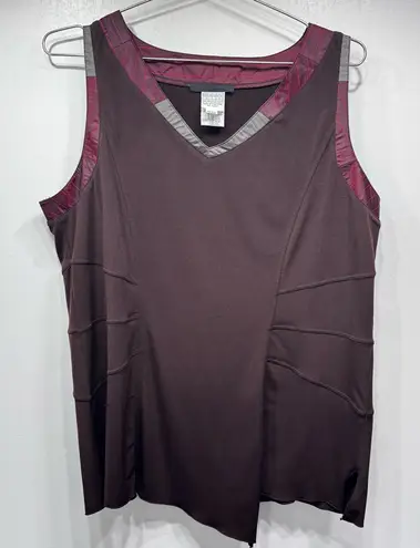 Vintage Y2K Brown Tank Top with Burgundy Gray Trim Asymmetric Raw Hem Alain Weiz Size 16