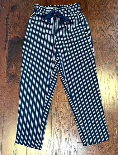 ZARA  Women’s Navy Blue & White Striped Paper Bag Tie Waist Stretchy Pants