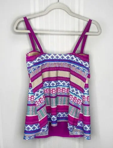 Tropical Escape  Striped Tankini Swim Tie Tank Top Neon Purple Blue Tan Size 8