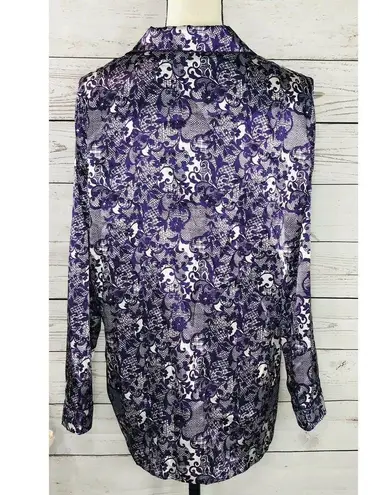 Chartreuse Intimates Large Top Purple Floral Long Sleeve Button Front Womens