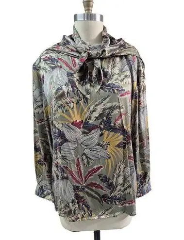 Doncaster Silks 100% Silk Blouse w/ Detachable scarf Tropical Green Print Sz 16