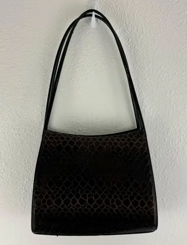 Vintage 90s Black Dark Brown Shiny Faux Leather Croc Embossed Shoulder Bag
