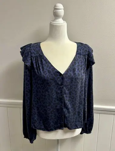 Marine layer  Rory Long Sleeve Ruffle Blouse Cheetah Leopard Print Blue Medium M