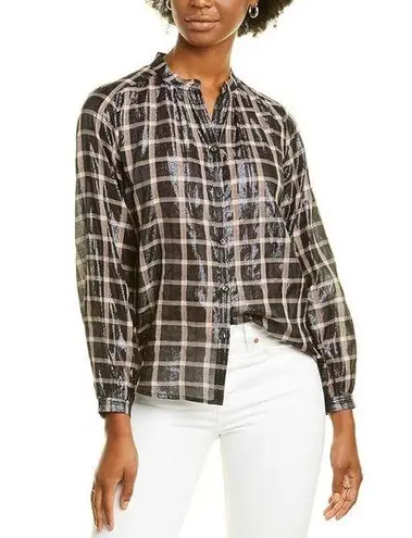 Rebecca Taylor La Vie  Metallic Plaid Button Up Top Black Pink Long Sleeve Size M