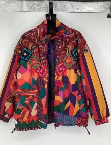 Farm Rio Crochet Patchwork Print Reversible Oversize Puffer Jacket Size Medium