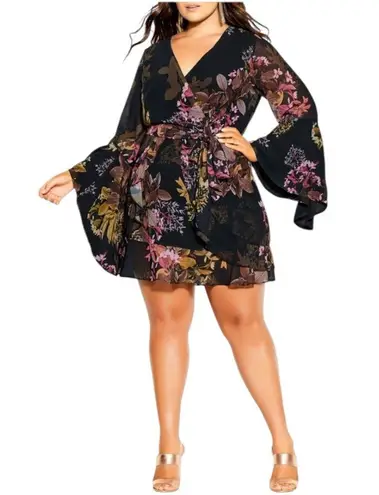 City Chic Malaga Floral Mini Dress in Black size S/16 Bell Sleeve Faux Wrap