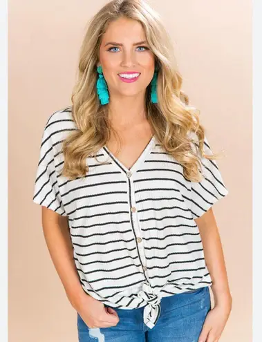 I Joah black and white striped tie front top Size M