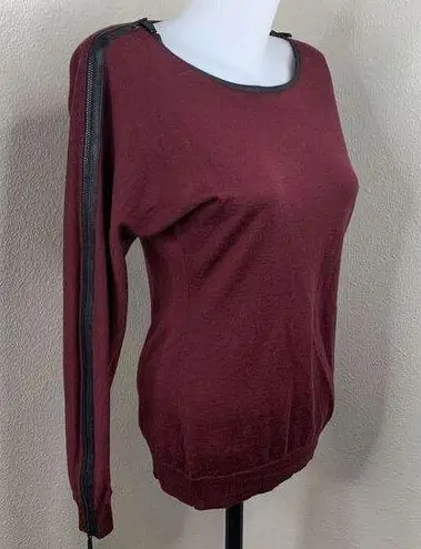Lafayette 148 L/S Zipper Sleeves Pullover Merino Wool Sweater Top Sz S Burgundy
