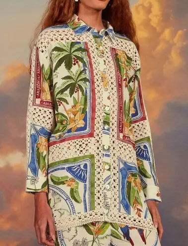 Farm Rio Tropical Destination Linen Crochet Oversized Shirt, Size XS