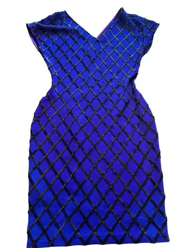 Carmen Marc Valvo VINTAGE Royal Blue Wool & Black Beaded Dress –Size M (runs SM)