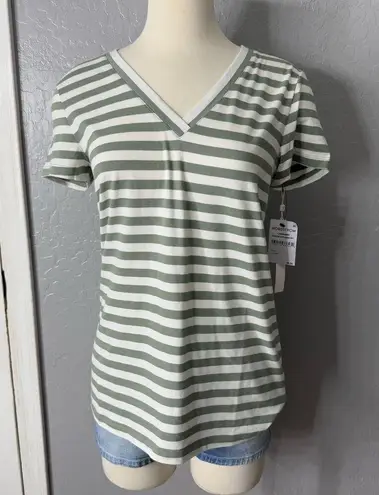 Caslon Striped V-Neck T-Shirt | Sage Green & White | NWT | Size S