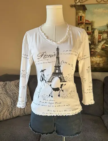CACTUS Vintage Y2K White Black Paris Eiffel Tower V Neck Graphic Long Sleeve Top Size L
