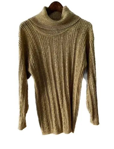 Vintage gold metallic sparkle ribbed knit turtleneck tunic sweater size medium M