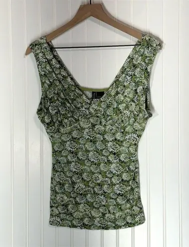 Bisou Bisou Green Floral Sleeveless Ruched Top L Large Y2K Cottagecore Stretch