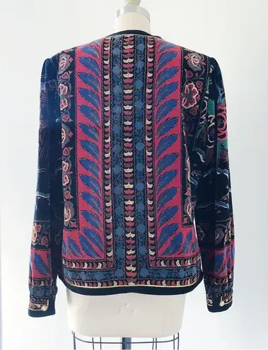 vintage • 1980s printed velvet jacket Saxton Hall floral peacock black red blue Size M