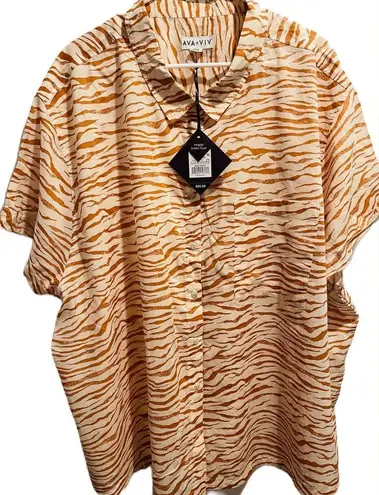 Ava & Viv  NWT Women's 4X Rust Animal Print Short Sleeve Button Down Cotton Shirt